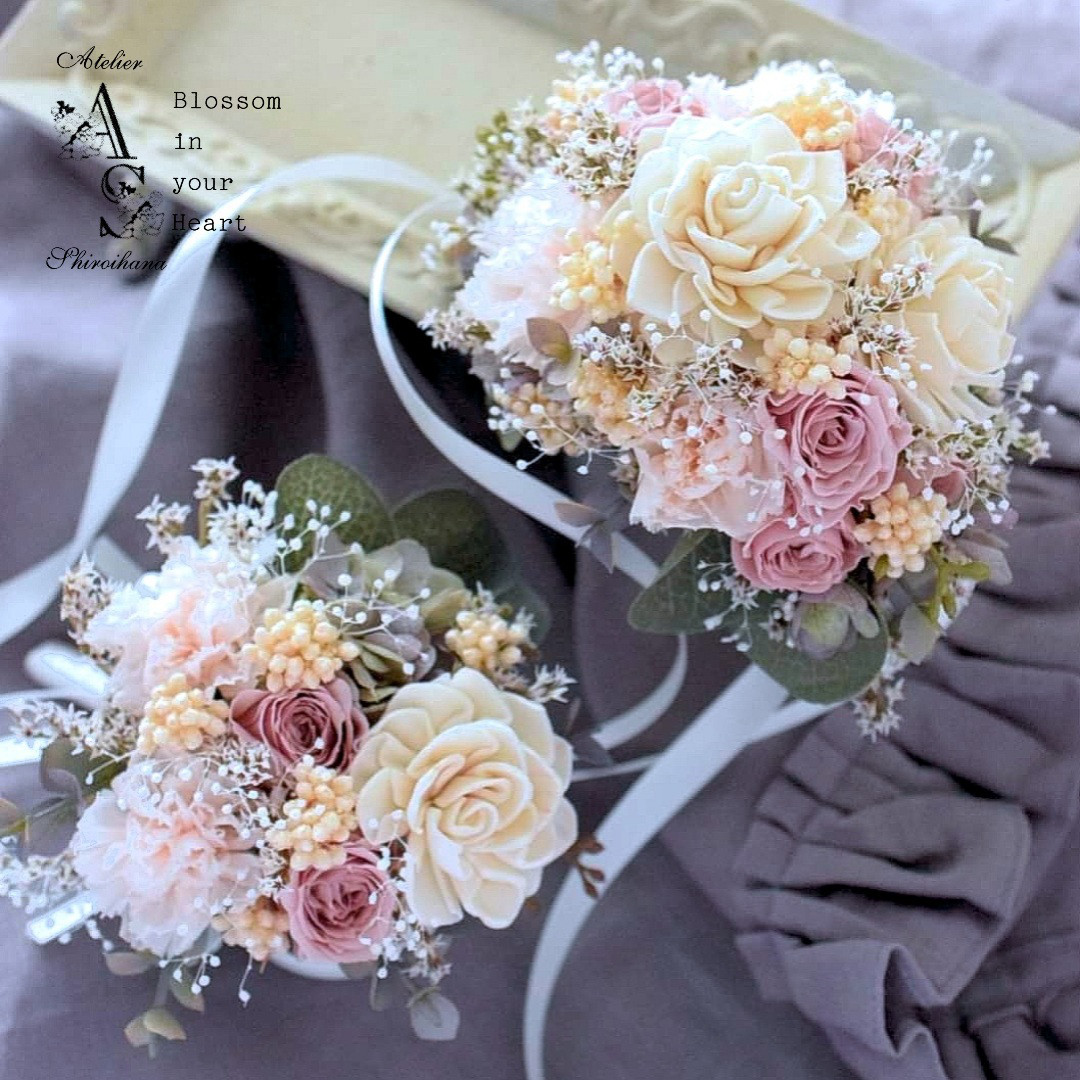 ⋆ema様専用 お申込み欄⋆ ホワイトピンク：ローズ&ダリア リストブーケ⋆ブートニア 2点set