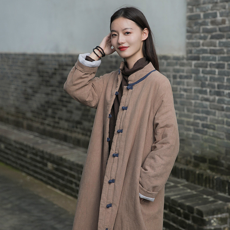 苎麻盤扣コート 冬長いです綿入れの服