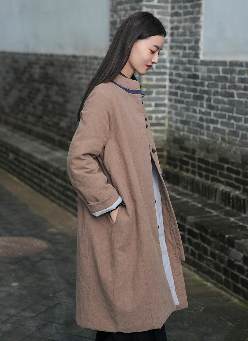 苎麻盤扣コート 冬長いです綿入れの服