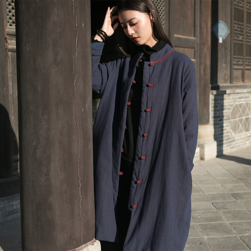 苎麻盤扣コート 冬長いです綿入れの服
