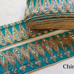 50cmより スパンコールチロリアンテープ 青緑☆ 手芸 素材 材料 インド刺繍 アラビアン リボン サリー 1枚目の画像