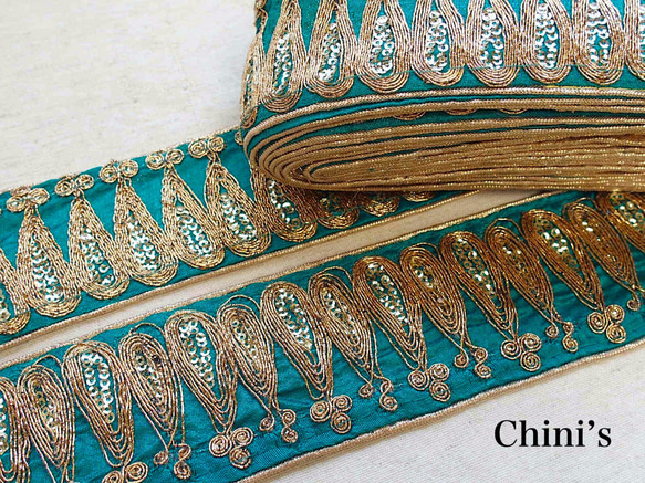 50cmより スパンコールチロリアンテープ 青緑☆ 手芸 素材 材料 インド刺繍 アラビアン リボン サリー 1枚目の画像