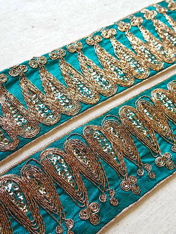 50cmより スパンコールチロリアンテープ 青緑☆ 手芸 素材 材料 インド刺繍 アラビアン リボン サリー 3枚目の画像