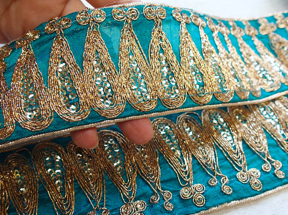 50cmより スパンコールチロリアンテープ 青緑☆ 手芸 素材 材料 インド刺繍 アラビアン リボン サリー 7枚目の画像