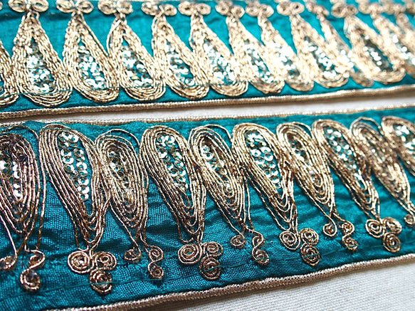 50cmより スパンコールチロリアンテープ 青緑☆ 手芸 素材 材料 インド刺繍 アラビアン リボン サリー 2枚目の画像