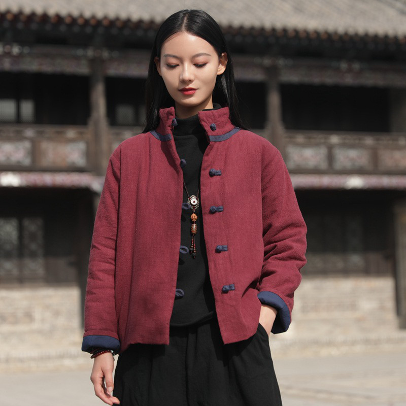 砂洗いリネンショートコットン 苎麻盤扣コート # ワインレッド