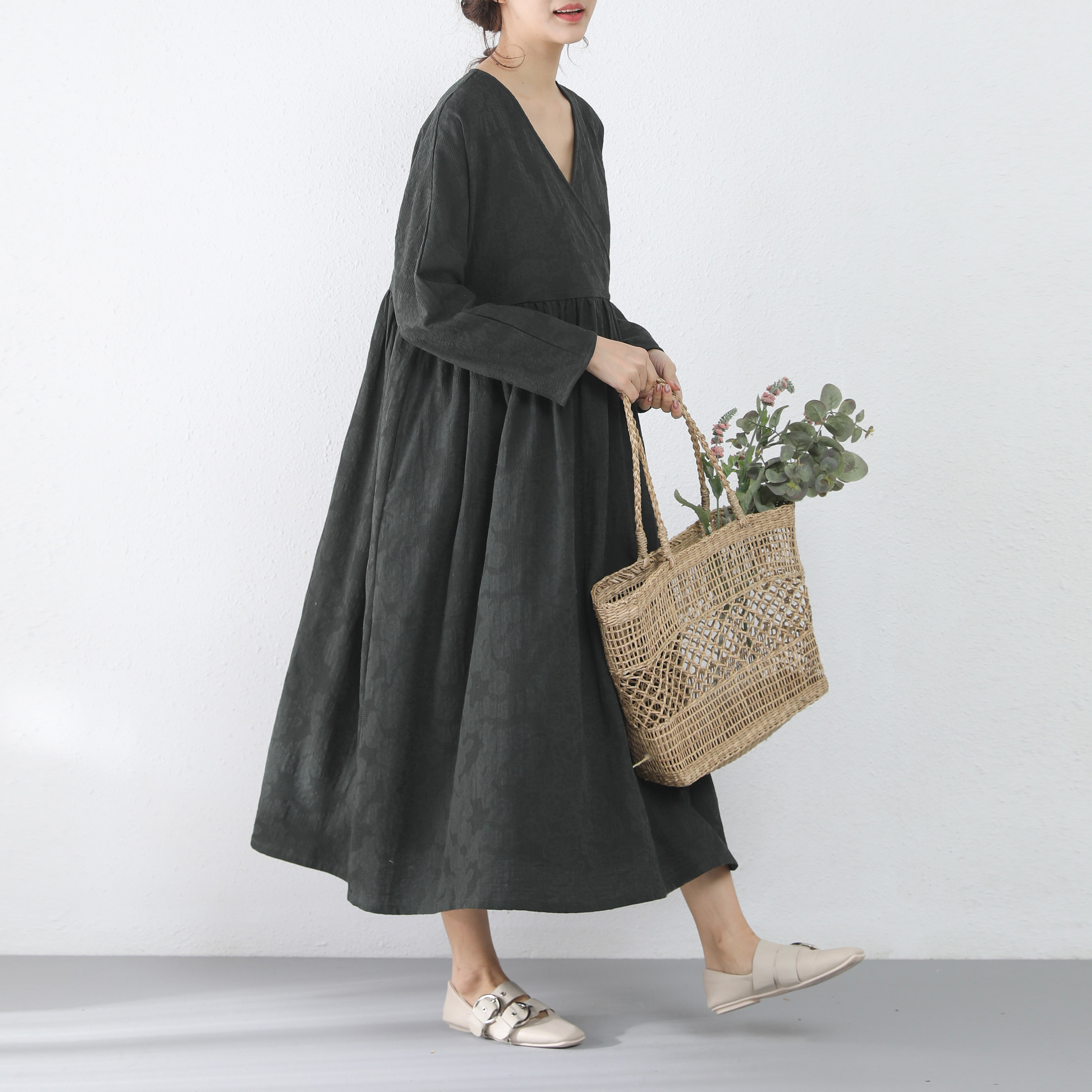 裾上げ無料♪サイズオーダー可♪コットンギャザー　カシュクールロングワンピース