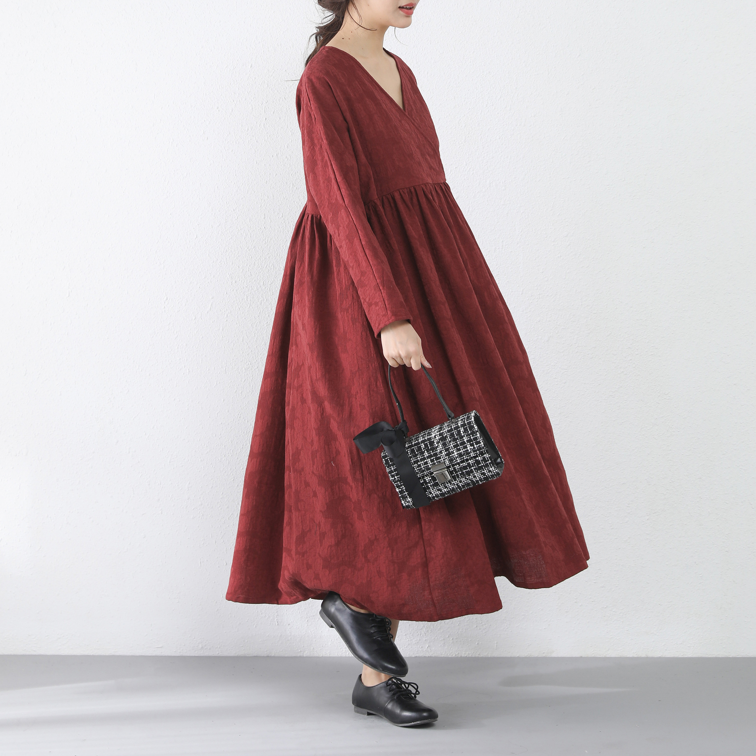 裾上げ無料♪サイズオーダー可♪コットンギャザー　カシュクールロングワンピース