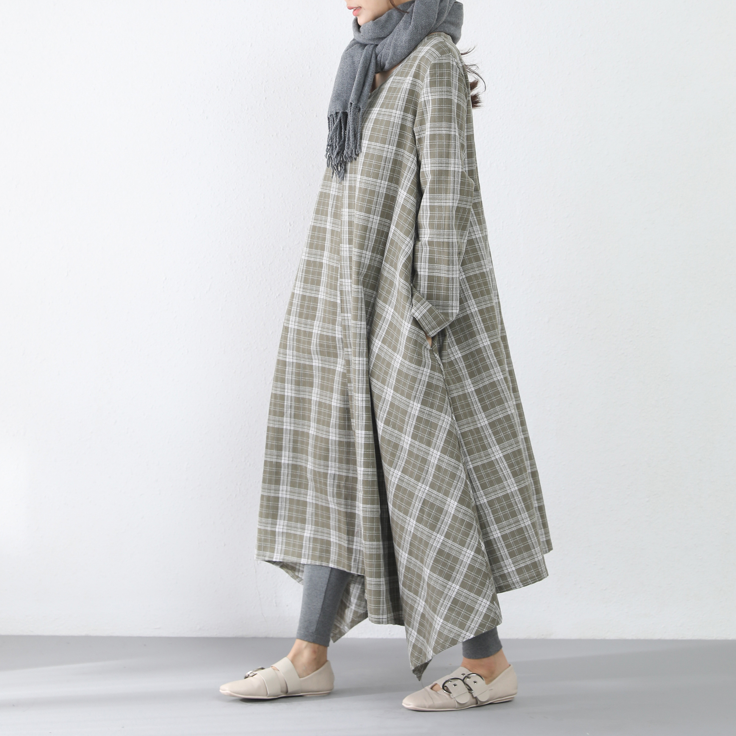 裾上げ無料♪サイズオーダー可♪チェック柄コットンリネン ロングワンピース