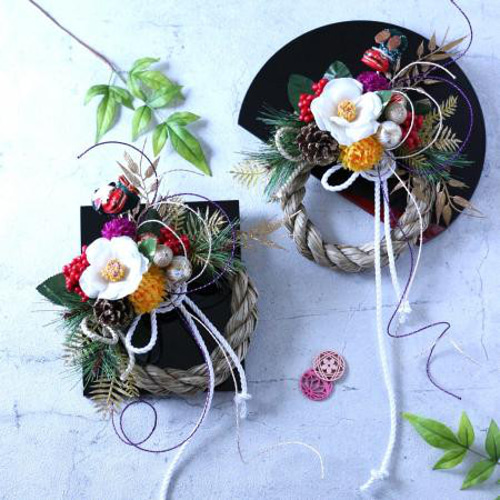 新作早割 お正月 白椿と獅子舞しめ縄飾り しめ縄・しめ飾り 花の縁