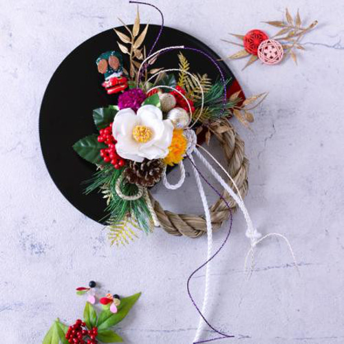 新作早割 お正月 白椿と獅子舞しめ縄飾り しめ縄・しめ飾り 花の縁