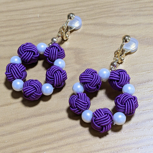 水引×パールの輪っか イヤリング/ピアス 京紫 ☆パープル 紫色 