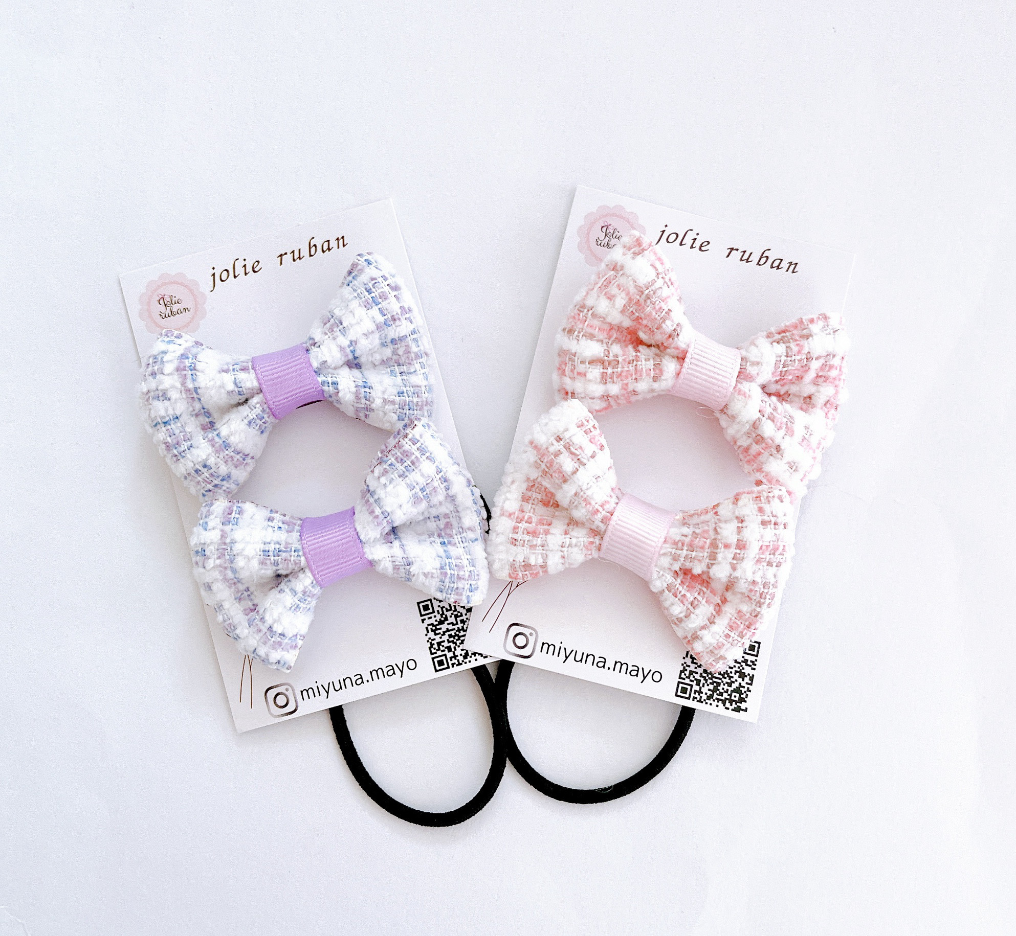 再販多】通園、通学に♡ ツイード リボン ヘアゴム ピンクorパープル