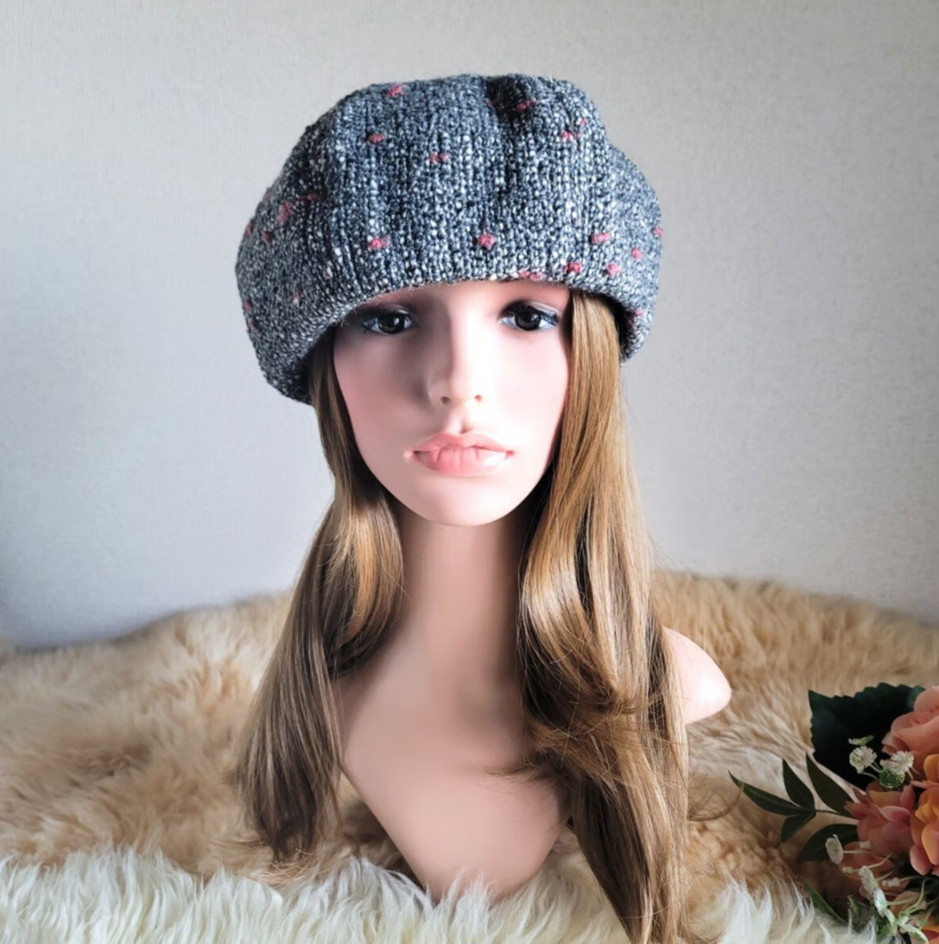 ★three. premium★イタリアツイード　ベレー帽★グレー×ピンク系ミックス