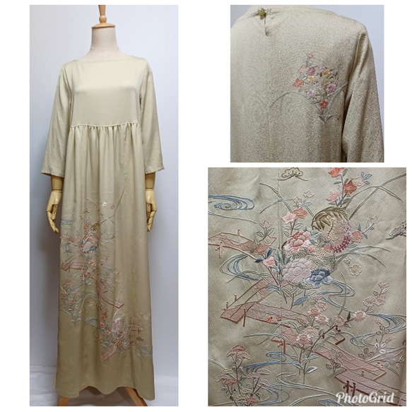 着物リメイク M ウエスト切り替え・七分袖ワンピース 刺繍花柄 裾  