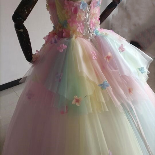 美品！カラードレス レインボースカート 3D立体レース刺繍 花びら付き  
