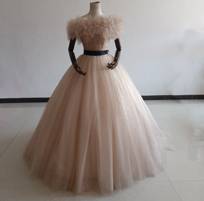 高品質！ シャンパン色 カラードレス ソフトチュール ロングトレーン 取り外しオフショルダー 結婚式/披露宴