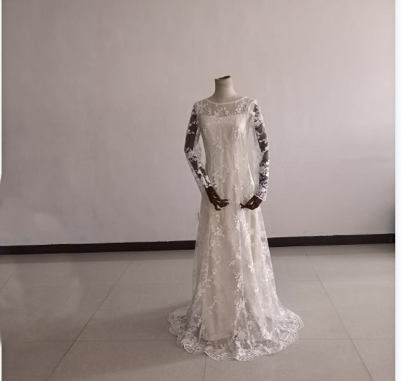 高品質！スレンダー ウエディングドレス シンプル 長袖 総レース  