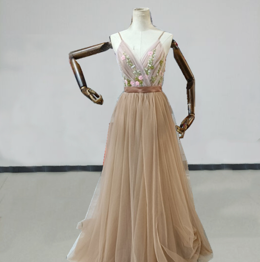 花柄のモチーフ刺繍が美しく シャンパン ワンピース ソフトチュール 花モチーフ お呼ばれ/二次会/2次会/合コン/デート