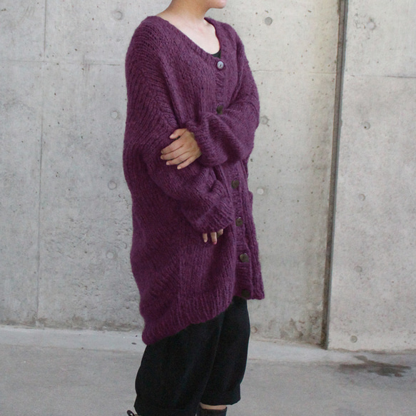 手工編織馬海毛長開襟衫深紫色 第6張的照片