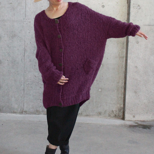 手編みモヘアロングカーディガン ダークパープル ニット・セーター