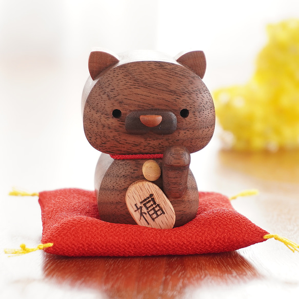 木製 招き猫 中型 茶色 new】招きneco（黒） 招き猫 木工房 福ひで 通販 16613909｜Creema