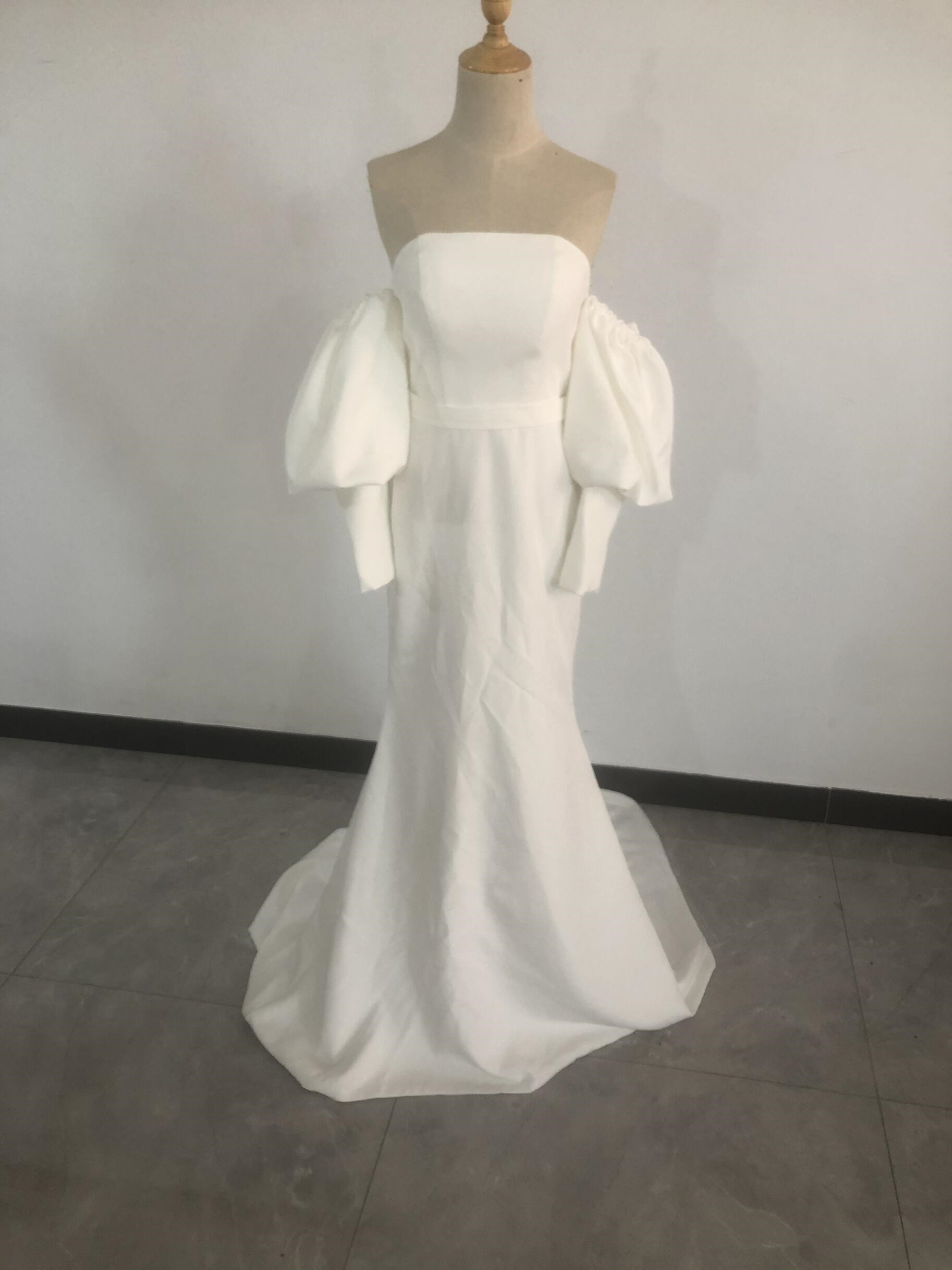 エレガント オフホワイト パフスリーブ ベアトップ パーティードレス 結婚式