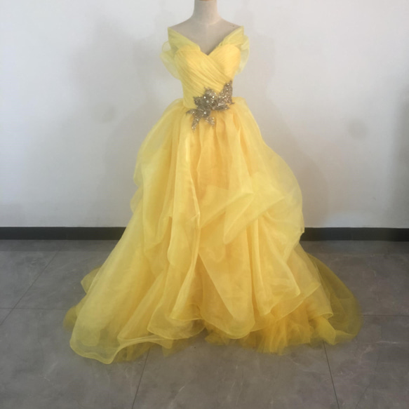 大人気上昇！カラードレス イエロー オフショルダー 挙式 ドレス ARY  
