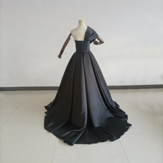 エレガント パーティードレス ワンショルダー Aライン 黑 前撮り 音楽会 ファスナー トレーン