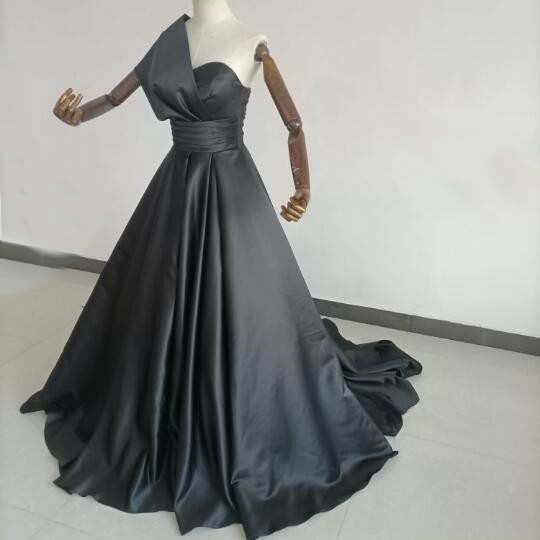 エレガント パーティードレス ワンショルダー Aライン 黑 前撮り 音楽会 ファスナー トレーン