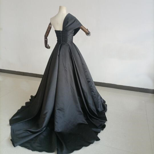 エレガント パーティードレス ワンショルダー Aライン 黑 前撮り 音楽会 ファスナー トレーン