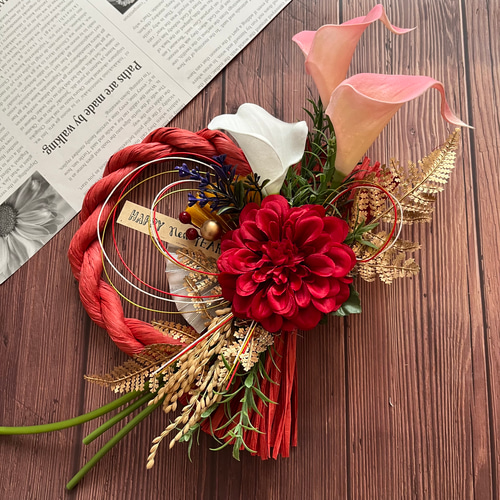 No.127 カラーのしめ縄リース2024 ハンドメイドお正月飾り玄関リース