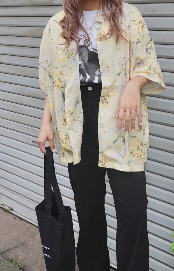 Oversized Floral Sheer Shirts (lemon yellow) シャツ イエロー カジュアル 2枚目の画像