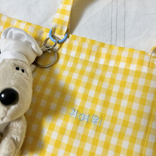 トートバッグ＊黄色ギンガムチェック＊刺繍＊괴여워 トート