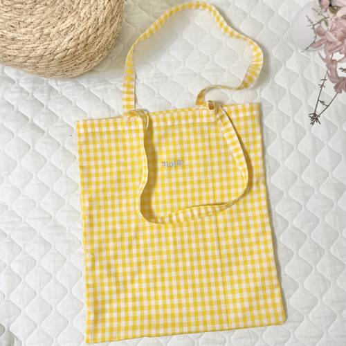 トートバッグ＊黄色ギンガムチェック＊刺繍＊괴여워 トート