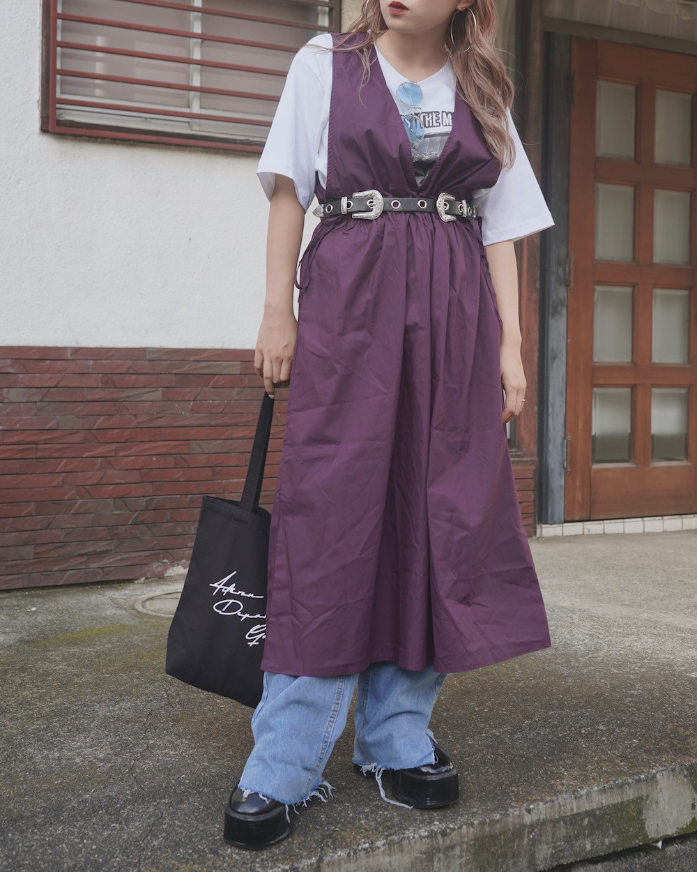 Side Ribbon Flare Long Jumper Skirt (purple) ロング丈ワンピース パープル