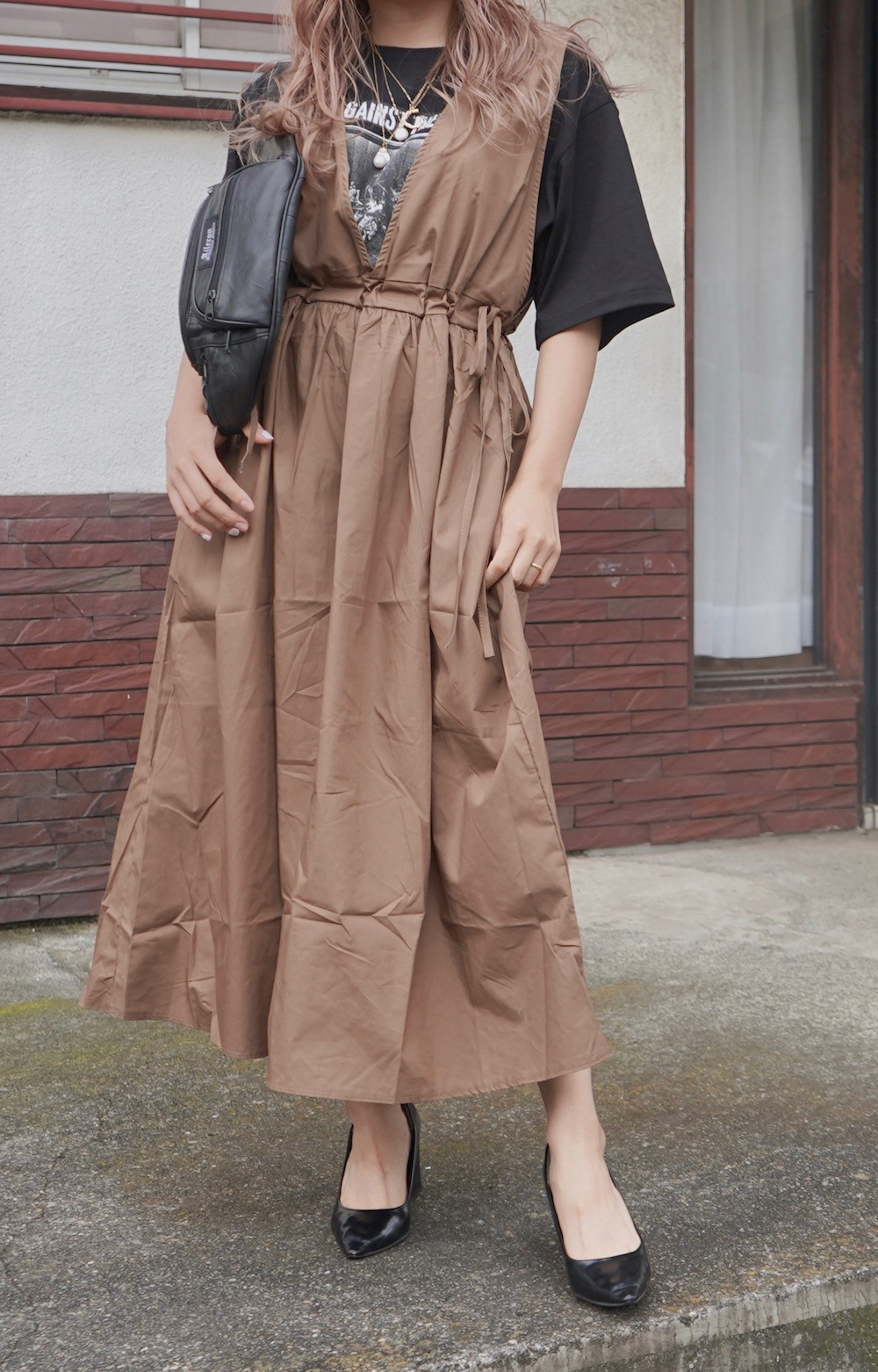 Side Ribbon Flare Long Jumper Skirt (brown) ロング丈ワンピース ブラウン 茶