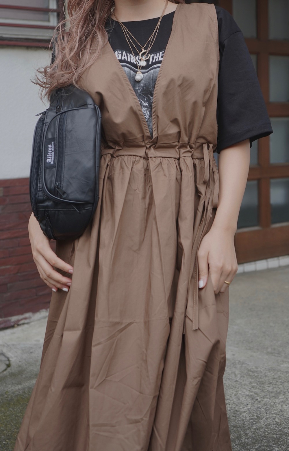 Side Ribbon Flare Long Jumper Skirt (brown) ロング丈ワンピース ブラウン 茶