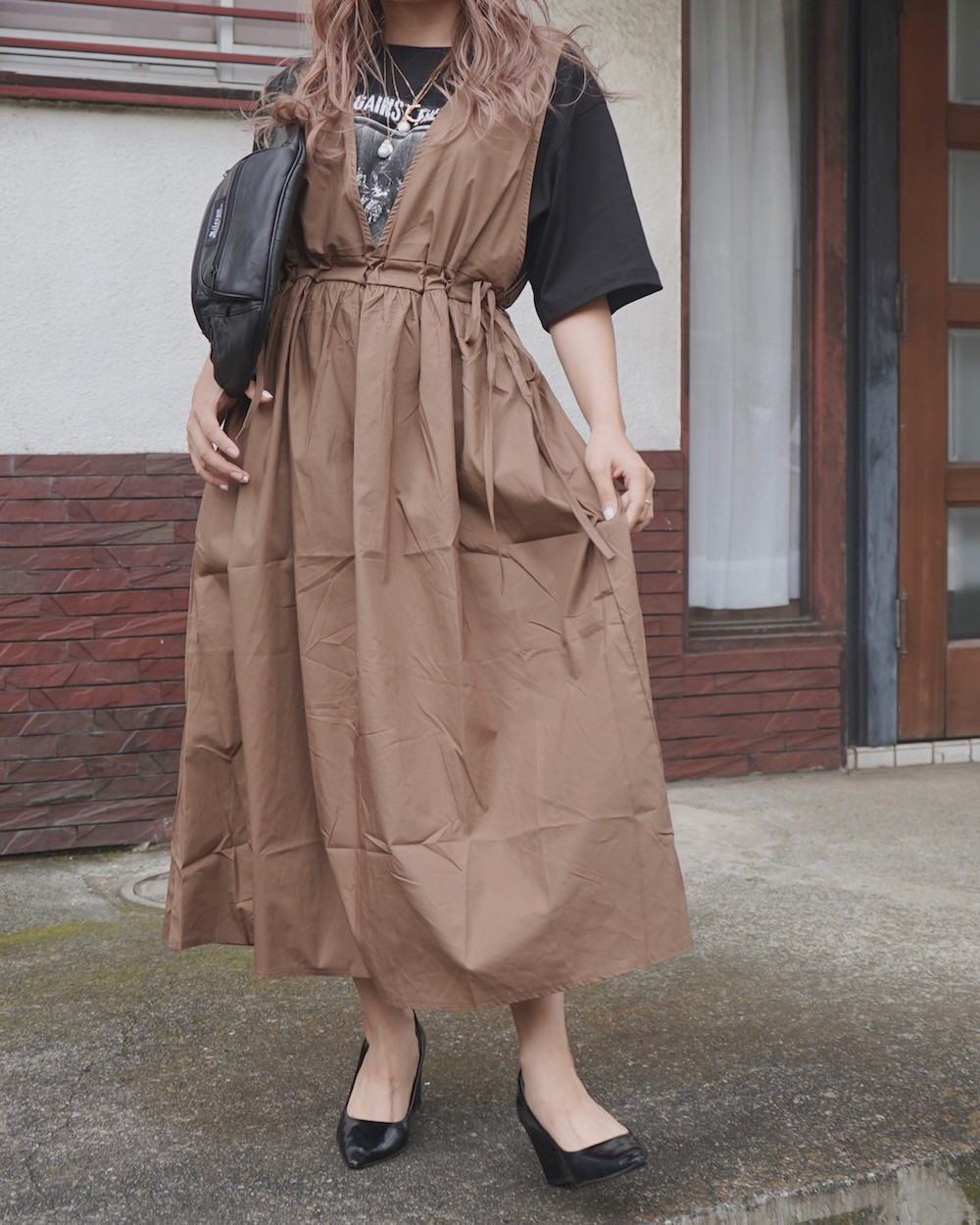 Side Ribbon Flare Long Jumper Skirt (brown) ロング丈ワンピース ブラウン 茶