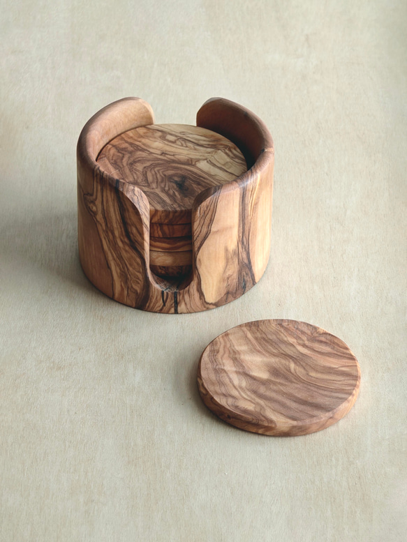 橄欖木手工製作杯墊套裝–圓型 第5張的照片
