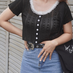 Lace Trim Mellow Rib Tops (black) 半袖Ｔシャツ ブラック 黒 カジュアル 3枚目の画像