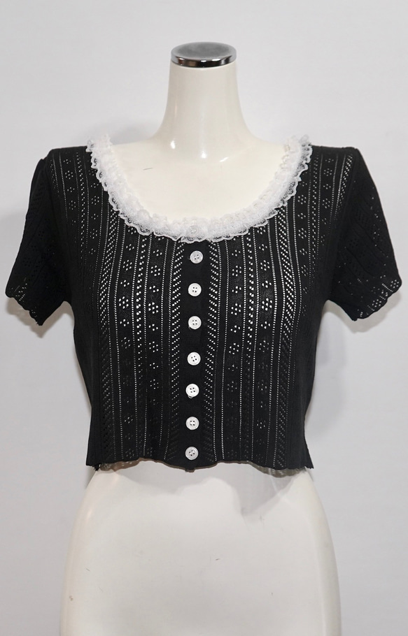 Lace Trim Mellow Rib Tops (black) 半袖Ｔシャツ ブラック 黒 カジュアル 8枚目の画像