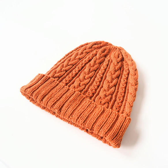 被り方2WAY　ニット帽　スローチビーニー　Mサイズ　ディープオレンジⅡ　手編み 5枚目の画像