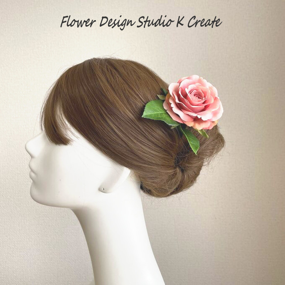薔薇と葉っぱの髪飾り（ピンク）　ピンクの薔薇　髪飾り　フローレス　フラメンコ　ダンス　バラ　ヘッドドレス　ヘッドピース　 2枚目の画像