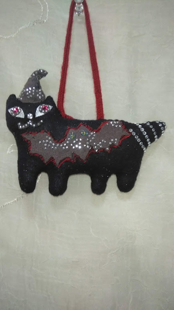 『キラキラ黒ネコさん』ハロウイン　オーナメント こうもり　オシャレ　バックチャーム　創作人形　プレゼント 6枚目の画像