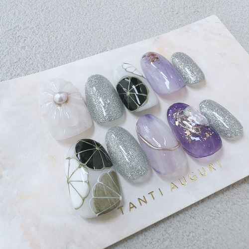 紫 ネイルチップ 和風 パープル 和柄 菊 花 黒色 ブラック 立体