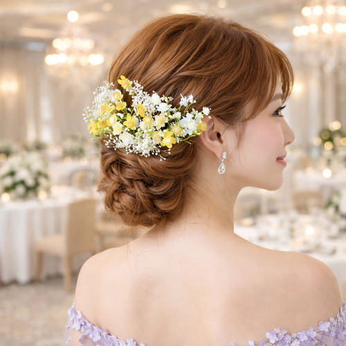 イエロー 小花 かすみ草 ヘッドドレス ブライダル ウエディング ヘア