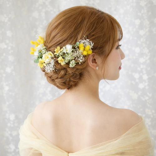 DRESCCO フラワーケミカルレースイエロードレス　ヘアアクセサリー、タイツ付 イエロー 小花 かすみ草 ヘッドドレス ブライダル ウエディング ヘア