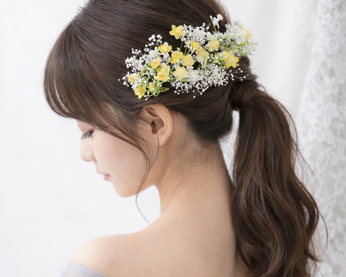 イエロー 小花 かすみ草 ヘッドドレス ブライダル ウエディング ヘア