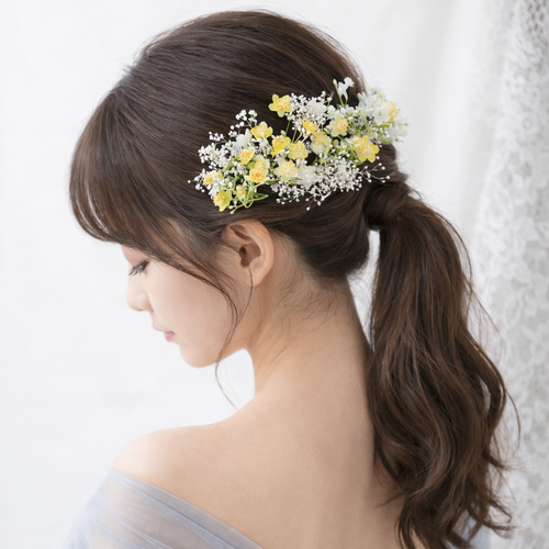 イエロー 小花 かすみ草 ヘッドドレス ブライダル ウエディング ヘア
